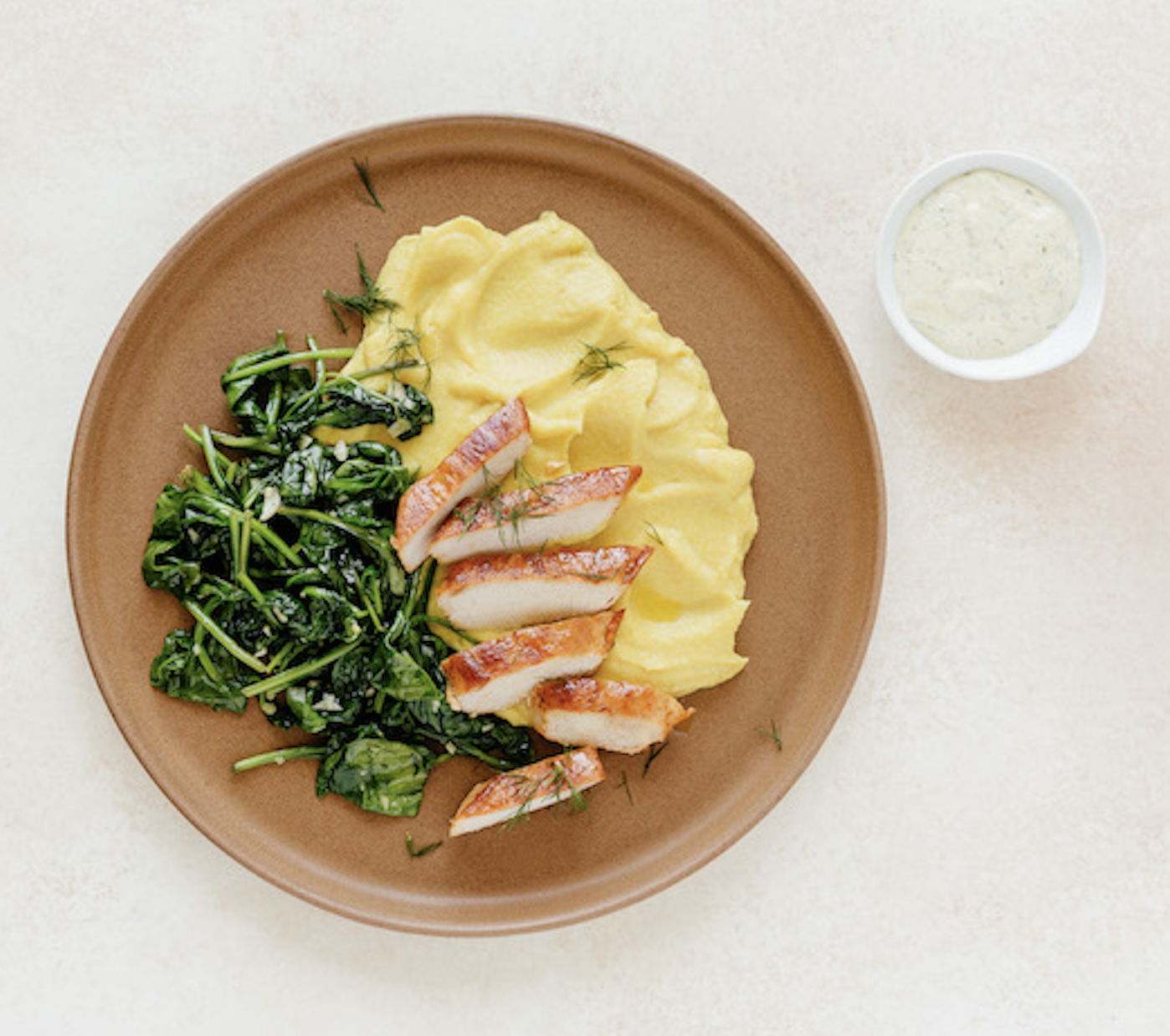Lemon Dill Chicken with Garlic Spinach and Cauliflower Mash