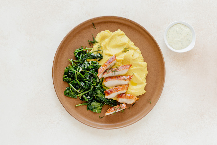 Lemon Dill Chicken with Garlic Spinach and Cauliflower Mash